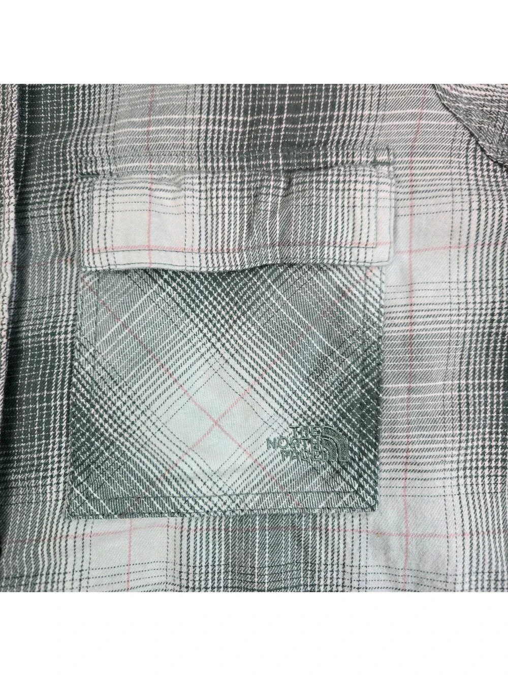 The North Face Womens Large Cotton Flannel Shirt Plaid Green Pleated Back Hiking